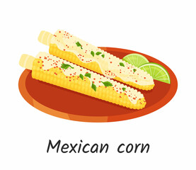 Mexican baked corn traditional food. Corn on the cob in sauce on plate. Vector illustration Isolated on white background. 