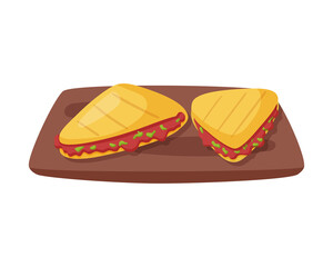 Vector illustration of quesadilla on wooden board, mexican spicy food isolated on white.