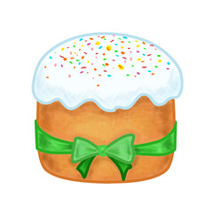Easter cake.
Color illustration of easter cake. Easter cake with white icing, colored sprinkles and a green ribbon on a white background. Idea for Easter cards.