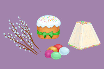Easter Symbols.
 Color illustration of easter symbols on a color background. Willow (Verba), Easter cake, Cottage cheese Easter, colored Easter eggs. Idea for Easter cards.