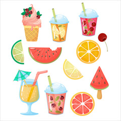 A set of summer treats. Fruit cocktail or smoothie in cartoon style. Takeaway drinks. Vector illustration isolated on white background.