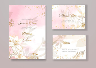 Wedding floral invitation in watercolor and pastel. Lily and splashes, stains. Save the date, thanks. RSVP card design. Golden tender pink flowers. Vector art template set