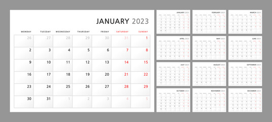 Wall quarterly calendar template for 2023 in a classic minimalist style. Week starts on Monday. Set of 12 months. Corporate Planner Template. A4 format horizontal