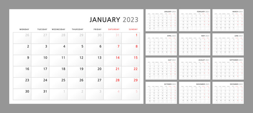 Wall quarterly calendar template for 2023 in a classic minimalist style. Week starts on Monday. Set of 12 months. Corporate Planner Template. A4 format horizontal