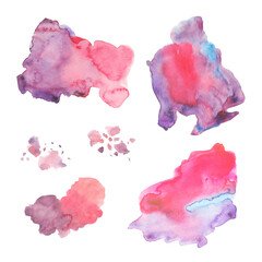 Set of hand drawn watercolor stains isolated on white background.
Abstract collection of pink and purple watercolor brush strokes.