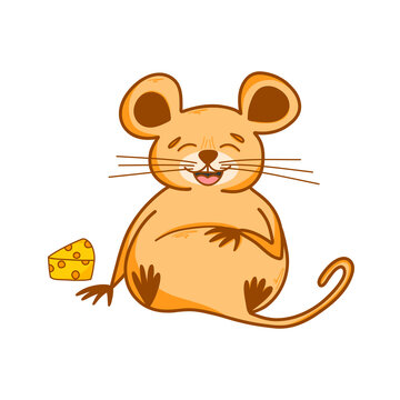 Cute mouse character with a piece of cheese in cartoon style, cute animals, rodents. Vector children's illustration of hand-drawn cartoon design for postcards, posters, T-shirts, teenagers, stickers.