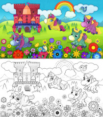 Fototapeta premium cartoon scene forest pony horses castle illustration