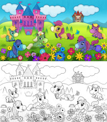 Obraz na płótnie Canvas cartoon scene forest pony horses castle illustration