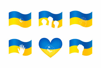 Set of Ukrainian flags with white silhouettes of hands and fists. Save Ukraine. Vector illustration