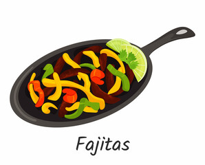Fajitas - traditional national mexican food. Pieces of beef meat, sweet pepper, onion, garlic in pan. Mexican, street, home food icon for menu. Vector illustration Isolated on white background.