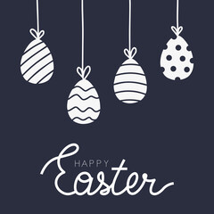 Easter banner. Fashionable Easter design with typography, hand-drawn strokes, eggs. Modern minimalistic style. Poster, greeting card, website header.