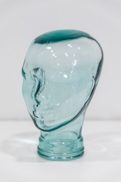 Transparent head shaped stand on table in lab