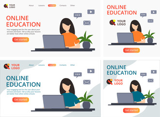 Web page design template set for online education, school, learning. Vector illustration for website, social media, poster, banner, flyer, advertising. The woman at the computer.