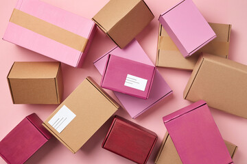 Pile of colorful delivery cardboard boxes