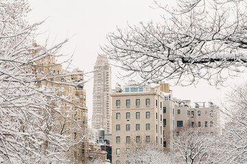 New York City buildings in snowstorm