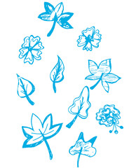 Fototapeta na wymiar Line drawing with a pen blue flowers leaves abstraction ink
