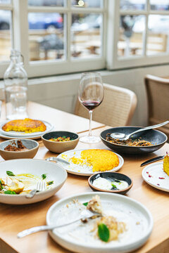Spread of dishes on a dining table