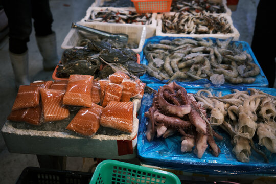 Various Fish And Seafood In Chinese Market