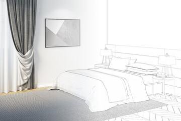 A sketch becomes a real bedroom with an illuminated horizontal poster near the curtained window, lamps on night tables on the sides of the bed with linens, gray carpet on the parquet floor. 3d render