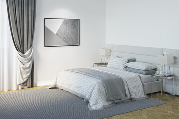 Bright bedroom with illuminated horizontal poster near the curtained window, white lamps on night metal tables on the sides of the bed with striped linens, gray carpet on the parquet floor. 3d render