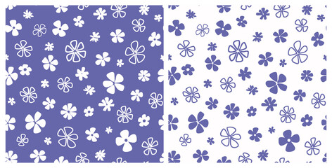 Set of very peri lilac ditsy daisy seamless repeat pattern. Random placed, hand drawn vector flowers all over print.