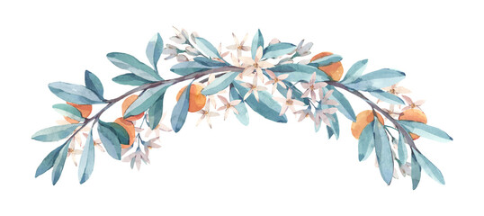 Floral border of green leaves, white flowers and juicy orange fruits. Watercolor illustration on a white background. For wedding invitations, cards, scrapbooking, notebooks, covers and other design.