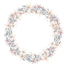 Obraz na płótnie Canvas Delicate elegant round wreath of white flowers with pink hues. Watercolor illustration isolated on white background. For wedding invitations, cards, scrapbooking, notebooks, covers and other design.