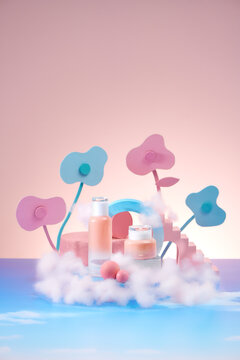 Herbal mineral cosmetics, serum, hyaluronic acid on luxury podium