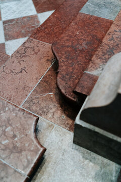 Detail of the  corner of marble paving in red and white