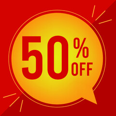 A vector illustration: 50 percent off. Discount for big sales. Yellow balloon on a red background.