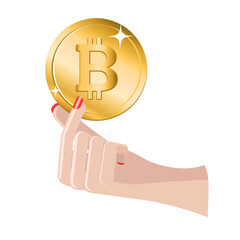 Beautiful Woman hand holding a Bitcoin coin isolated on white background