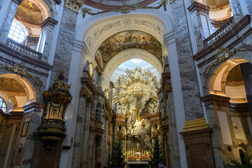 Fototapeta na wymiar Interior of famous baroque St. Charles Church or Karlskirche in Vienna, Austria. January 2022