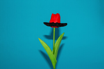 red flower with mustache, creative flower concept with beautifully arranged mustache, fashion design