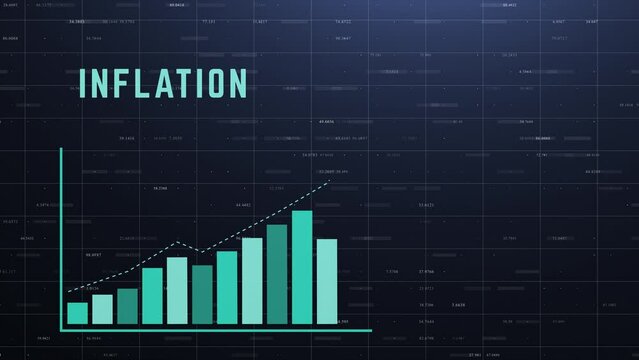 Digital animated background of bar chart representing inflation growth on trading board screen with abstract stock quotes or binary code. Upward economic recession concept