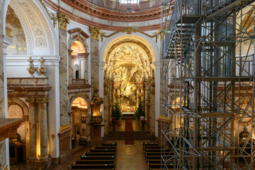 Interior of famous baroque St. Charles Church or Karlskirche in Vienna, Austria. January 2022