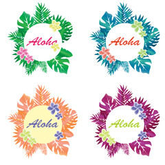Set of bright tropical backgrounds with jungle plants. Exotic patterns with tropical leaves and flowers. Aloha