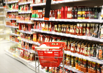 empty grocery cart in an empty supermarket