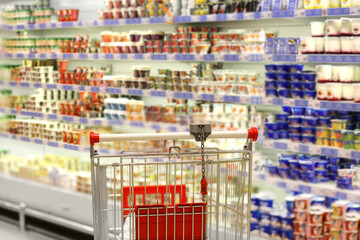 empty grocery cart in an empty supermarket