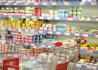 empty grocery cart in an empty supermarket