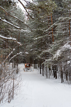 Snowcat combing skiing trail