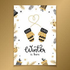 Christmas greeting card with mittens, fir branches and gift boxes in black and gold style