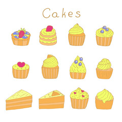 Cupcakes and cakes set vector illustration, colored hand drawing doodles