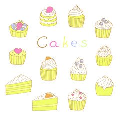 Cupcakes and cakes set vector illustration, hand drawing doodles