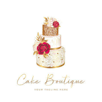 Cake logo design, bakery logo, wedding cake with golden sequins and red flowers