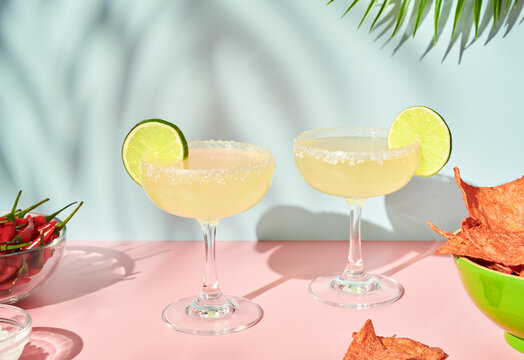 Lime Margaritas on Pink in Blue Setting 