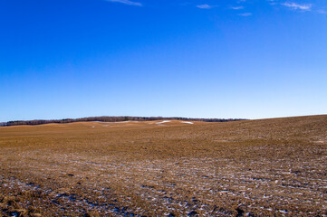 Spring landscape with empty fields and meadows for background. Agricultural industry