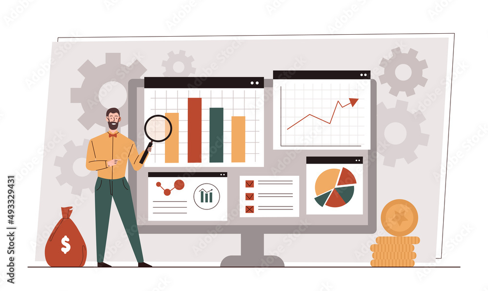 Poster business data analysis concept. man with magnifying glass studies statistics and develops strategy f