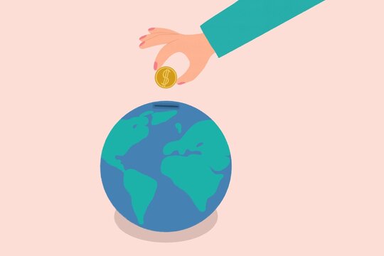 Person saving money in earth globe Piggy bank 