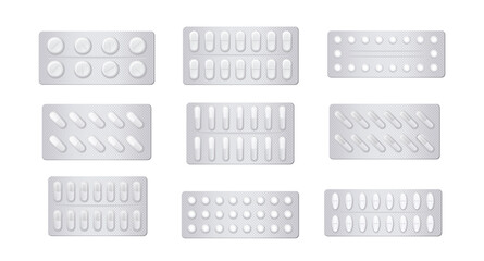 Set of Medical blister pack for different shape medicament. Metal protective packaging for tablets, capsules and other pharmaceuticals. Cartoon realistic vector collection isolated on white background - obrazy, fototapety, plakaty