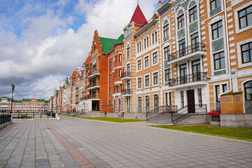 Embankment of Bruges in Yoshkar-Ola. Russia. Built in 2010-14. Used elements of Flemish architecture, northern Gothic.